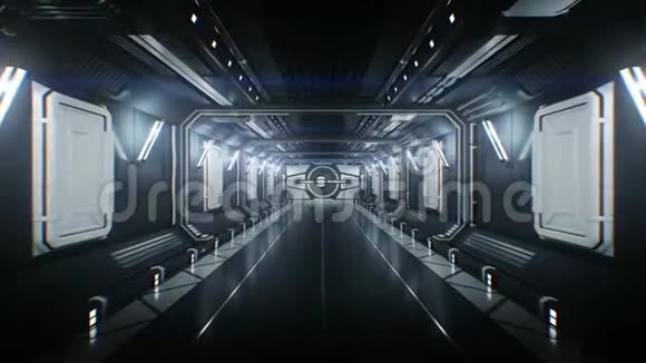 穿过未来派飞船隧道打开金属门飞向白光摘要科学视频的预览图