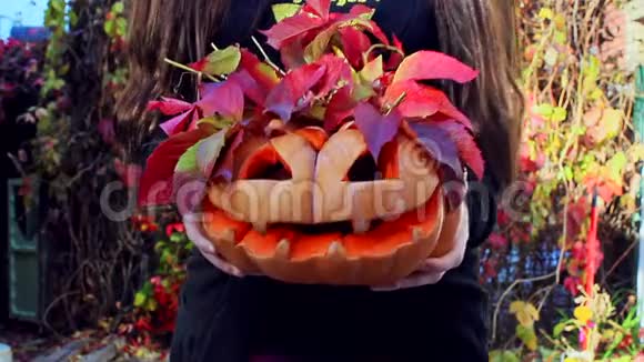 女孩手里拿着一个雕刻的南瓜上面的红叶从南瓜上凸出万圣节南瓜标志视频的预览图