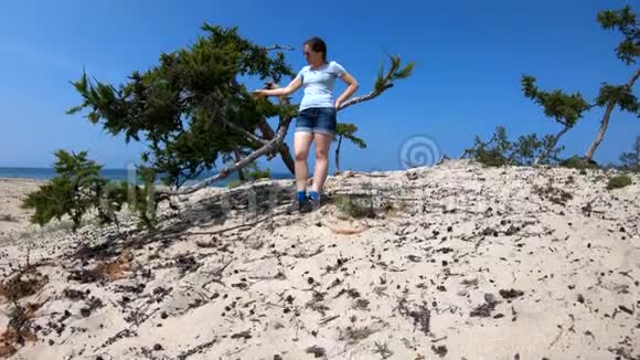 女孩在岸上触摸一根树枝视频的预览图