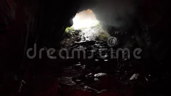 从岩洞内观看入口有岩石小径和日光库存录像不明地下隧道视频的预览图