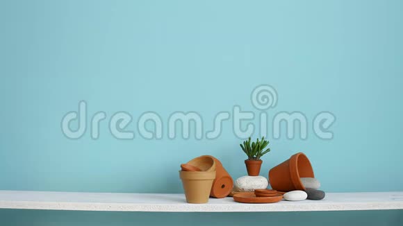 现代客房装饰用手握画框造型白色的架子贴着青绿色的墙壁上面有陶器和肉视频的预览图