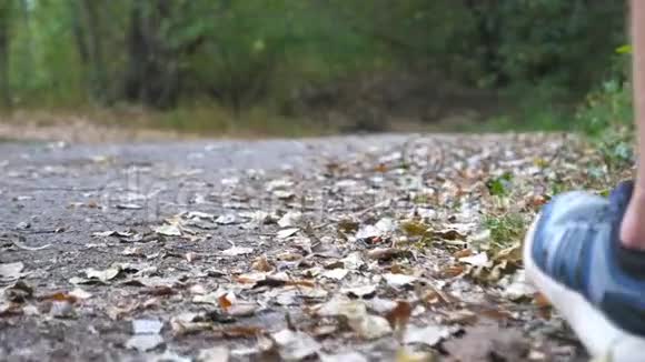 少年运动员在初秋森林中沿着小径奔跑的雄脚在大自然中沿着小径慢跑的运动男子的腿视频的预览图