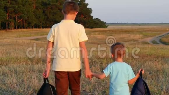 日落时两个男孩背着背包散步快乐的孩子走在大自然中靠近森林视频的预览图