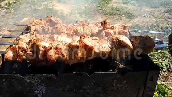 在村里的乡下用烤串烧烤串生肉用木炭烤架烤熟特写镜头视频的预览图