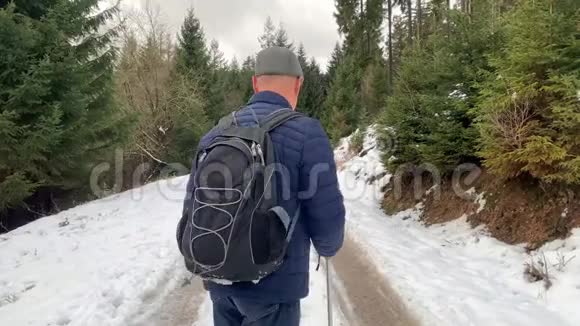 穿着夹克的人在冬天穿过一片雪林视频的预览图