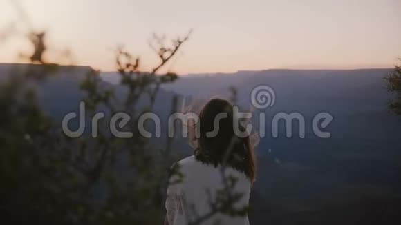 慢镜头后景快乐兴奋的年轻女子头发随风飘扬坐在大峡谷的史诗般的日落视频的预览图