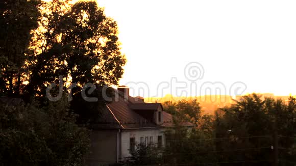 金色的夕阳光透过树木的叶子反光旧房子城市屋顶的全景视频的预览图