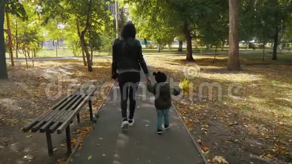 年轻的母亲和一个小儿子在秋天公园散步秋天公园的幸福家庭自然概念中的幸福家庭4K视频的预览图