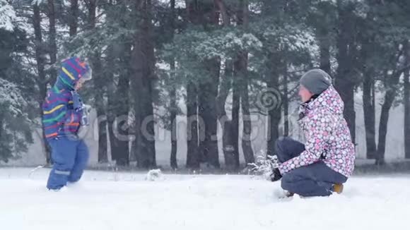 妈妈和孩子在冬天公园的背景下互相扔雪球视频的预览图