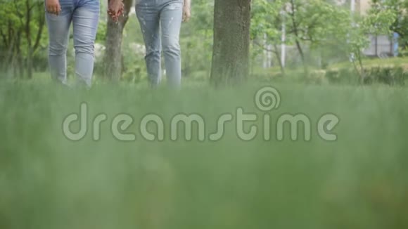 一男一女在公园或森林的草地上散步的特写镜头视频的预览图