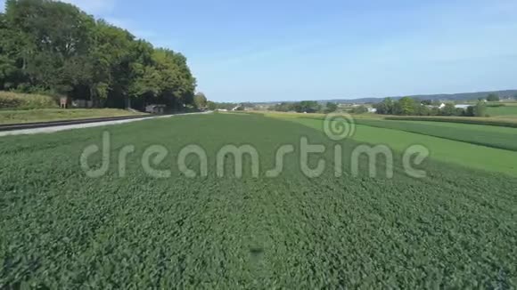 空中景观靠近阿米什乡铁路轨道旁的绿色农业农场土地视频的预览图