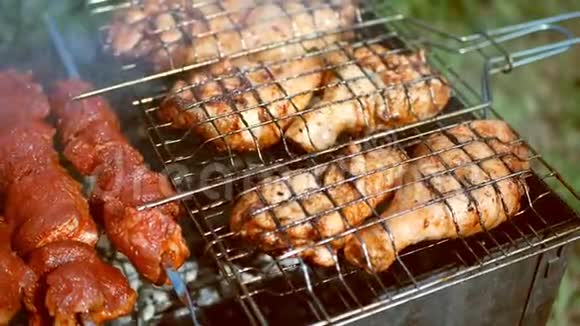 多汁的肉在烤架上煎烟熏鸡肉和牛肉视频的预览图