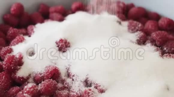 家庭主妇把糖倒入一碗树莓果酱中视频的预览图