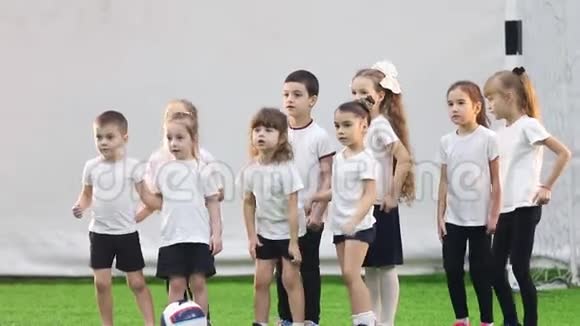 室内足球场一个足球队的小孩在为球队拍照而摆姿势视频的预览图