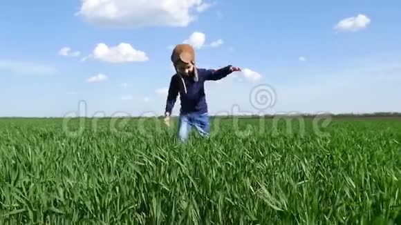 一个穿着飞行员制服快乐的孩子沿着绿色的田野奔跑笑了起来视频的预览图