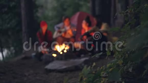 游客朋友们围坐在森林里的篝火旁弹着吉他唱着温暖的歌视频的预览图