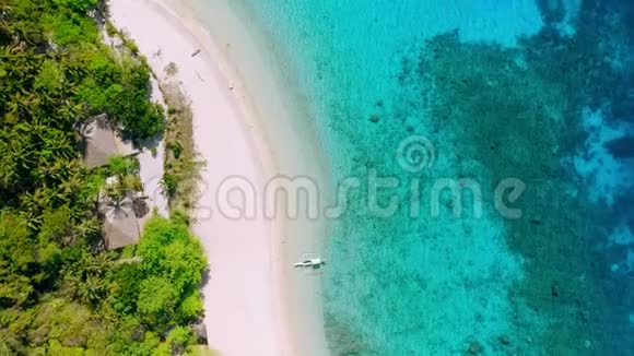 直升机岛上热带海滩的空中镜头有棕榈树蓝色泻湖蔚蓝的清水和珊瑚礁视频的预览图