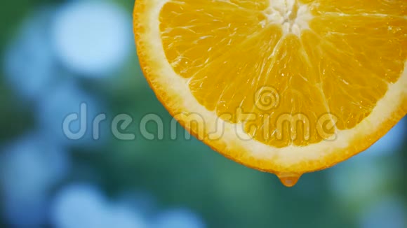 果汁滴落在花园里的橙果上视频的预览图