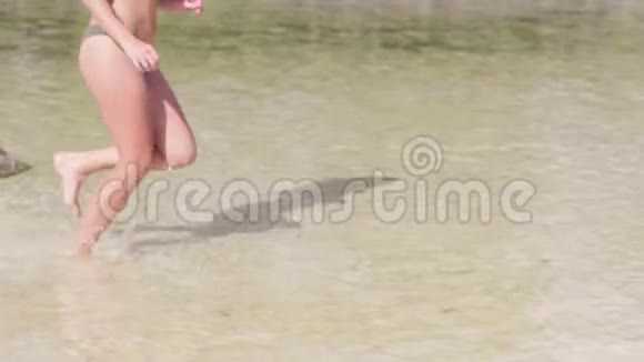 穿着泳衣在海边水上奔跑的无忧无虑的女人微笑的女人在夏日海滩上享受海水视频的预览图