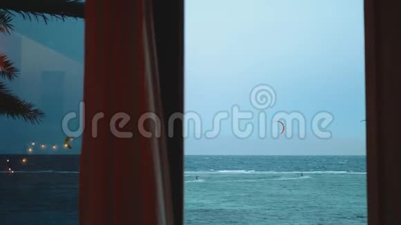 人们在埃及达哈布美丽的清水中风筝冲浪从窗口的角度探索蓝色的大海视频的预览图