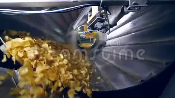 很多炸薯条在工厂的机器上分类与风味增强剂混合视频的预览图
