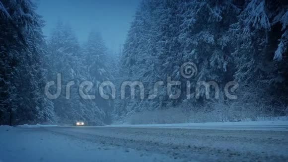 夜晚的雪林中的汽车视频的预览图