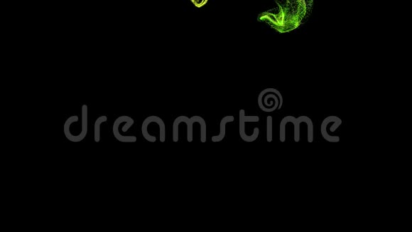 4k发光的绿色粒子在液体流动中移动在推架中心碰到一个力球场视频的预览图