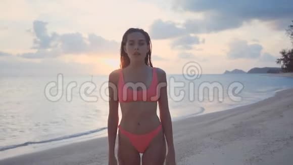 穿着比基尼的沙滩上的女人性感地抚摸着脸和头发视频的预览图