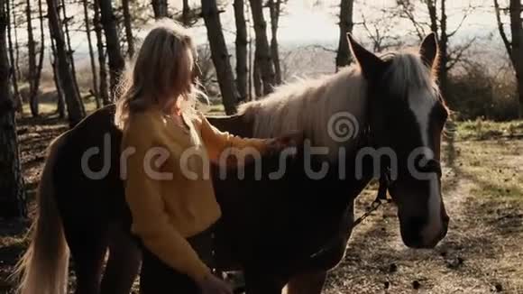 年轻的金发女郎用爱的慢动作拥抱美丽的棕色马视频的预览图