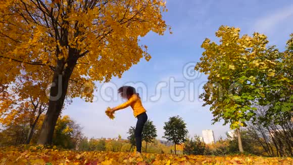 女人在空中卷起黄色的枫叶明媚灿烂的秋视频的预览图