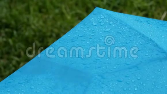 雨滴落在美丽的蓝色伞上背景是绿草雨和伞视频的预览图