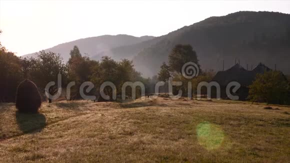 乡村景色村里的暑假传统的村庄房屋和草地在阿尔卑斯山的背景喀尔巴阡山视频的预览图