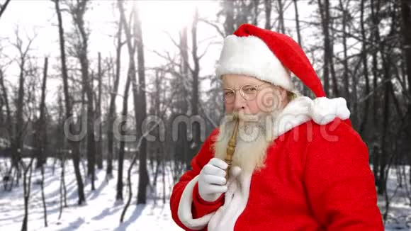 年长的圣诞老人在户外抽烟斗视频的预览图
