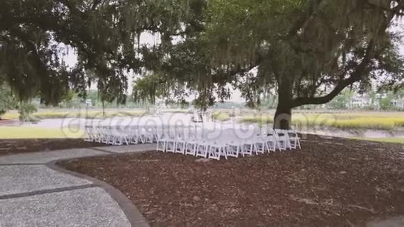 在一棵美丽的大树下的河岸上举行婚礼在河岸举行婚礼的装饰慢慢视频的预览图