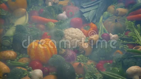 一堆蔬菜上的冷冻蒸汽视频的预览图
