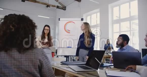 成功的快乐金发商务女性微笑领导团队与年轻的多民族办公室同事团队讨论视频的预览图
