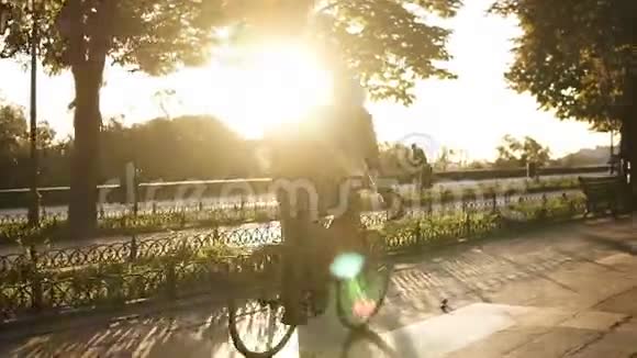 罕见的风景年轻人骑自行车在早晨公园或林荫大道由铺面公路年轻人骑着一辆视频的预览图