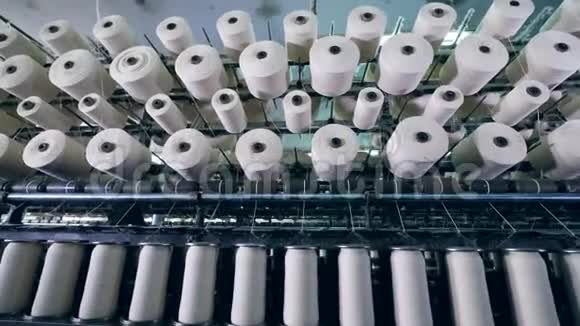 一排排带纤维的筒管在一家纺织厂生产工业纺织品生产线视频的预览图