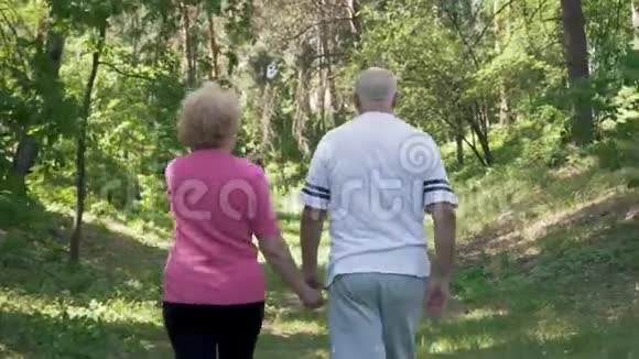一位老年妇女和她的丈夫一起在夏季公园散步视频的预览图