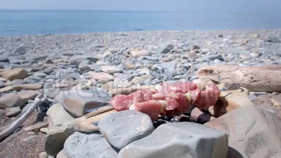 沙士利克正在用石头手工篝火上的串烧在海石海滩的背景上涂上热炭视频的预览图