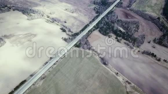 从鸟瞰沥青路和春天森林大自然的空中摄影高清高清视频的预览图