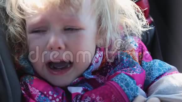 白种人小女孩卷发穿着温暖的夹克坐在儿童座椅上戴着安全带坐在车上视频的预览图