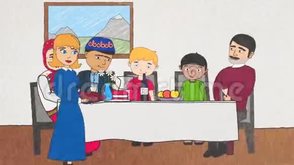 不同种族的卡通人物坐在餐桌旁吃着饭与每个人交流视频的预览图