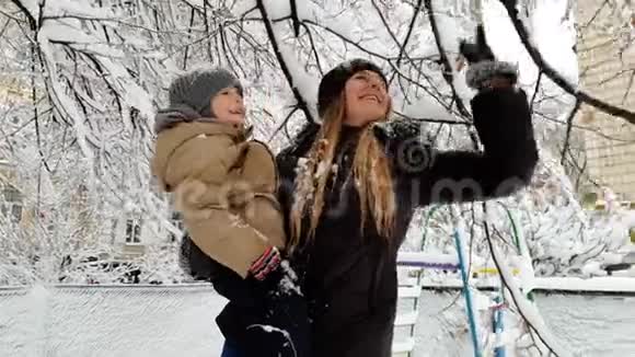 4k视频快乐的笑着蹒跚学步的男孩年轻的母亲站在白雪覆盖的树下摇着树枝视频的预览图