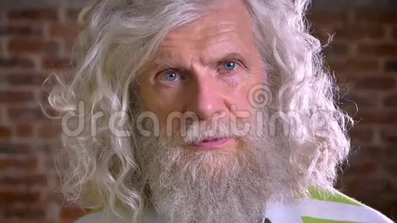 一幅老人在镜头前特写镜头的肖像长着令人敬畏的胡须和白发砖背景站立视频的预览图