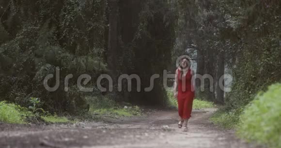 年轻漂亮的女人穿着红色的裙子走在绿色的森林里视频的预览图