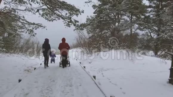 冬天家庭步行森林小径到海滩视频的预览图