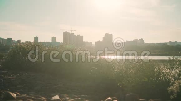 城市景观日落时有一个湖反映在湖中日落时湖背景上的城市景观视频的预览图