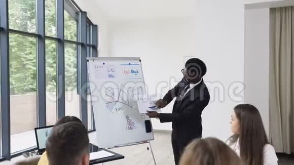 美国非洲男性商人使用白板进行演示上面显示图形的买卖视频的预览图
