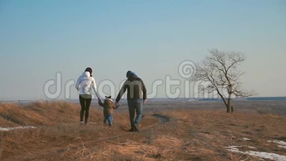 幸福的一家人在春天的草地上散步亲子关系季节和人的概念视频的预览图